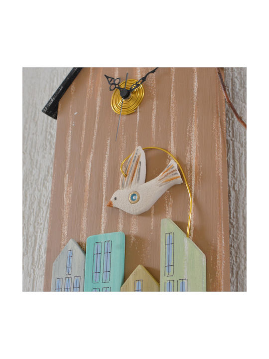 Kapadakis Wood Art Houses With Ceramic Dove Wall Clock Wooden Colorful 25x50cm