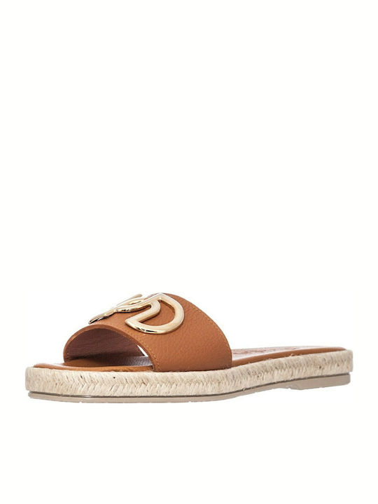 Leather Women's Flat Sandals in Tabac Brown Color