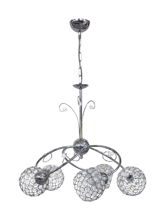 Heronia Chris Verstellbar Hängelampe Silber mit Kristallen für 5 Lampen E27 60x90cm.