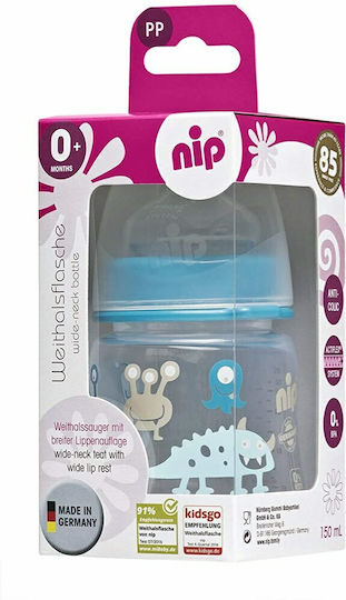 Nip Γυάλινο Μπιμπερό Μπιμπερό με φαρδύ λαιμό 150ml με Θηλή Σιλικόνης για 0+ μηνών 150ml