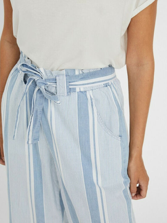 Damen Hoch tailliert Stoff Hose in Paperbag Passform Gestreift Hellblau