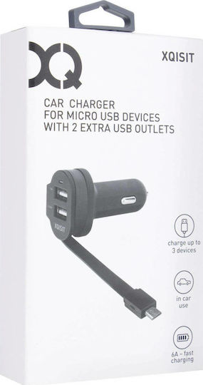 Xqisit Φορτιστής Αυτοκινήτου Dual Car Charger 6A micro USB 30W 6A με Θύρες: 2xUSB μαζί με Καλώδιο Lightning Μαύρος
