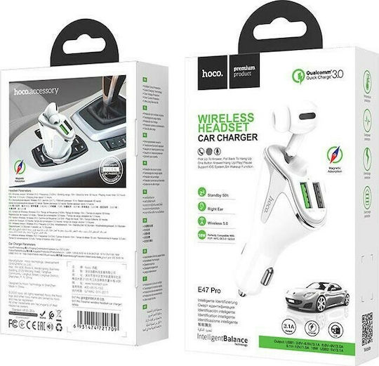 Hoco E47 Pro Traveller Auto-Ladegerät 18W 3.1A mit Anschlüssen: 2xUSB und Bluetooth-Kopfhörer Weiß Farbe