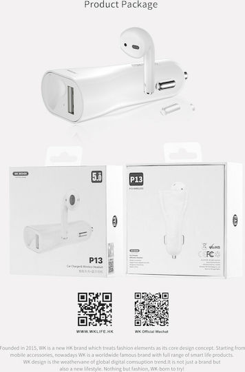 WK P13 Auto-Ladegerät 2.4A mit einem Anschluss: 1xUSB und Bluetooth-Kopfhörer Weiß Farbe