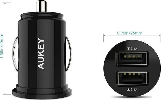 Aukey CC-S1 Car Charger 24W 4.8A with Ports: 2xUSB Black Color