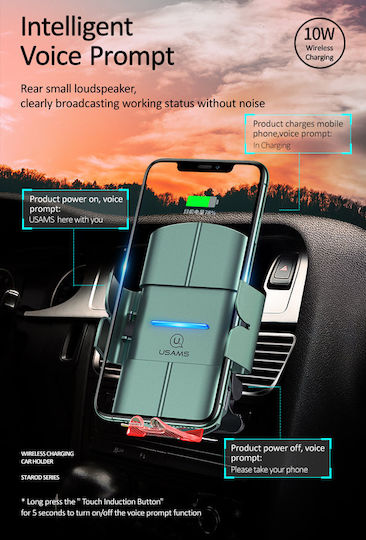 Usams US-CD133 Car Mobile Mount with Adjustable Hooks and Wireless Charging Green