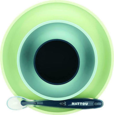 Nattou Feeding Set made of Silicone with Non-Slip Base Green 4pcs