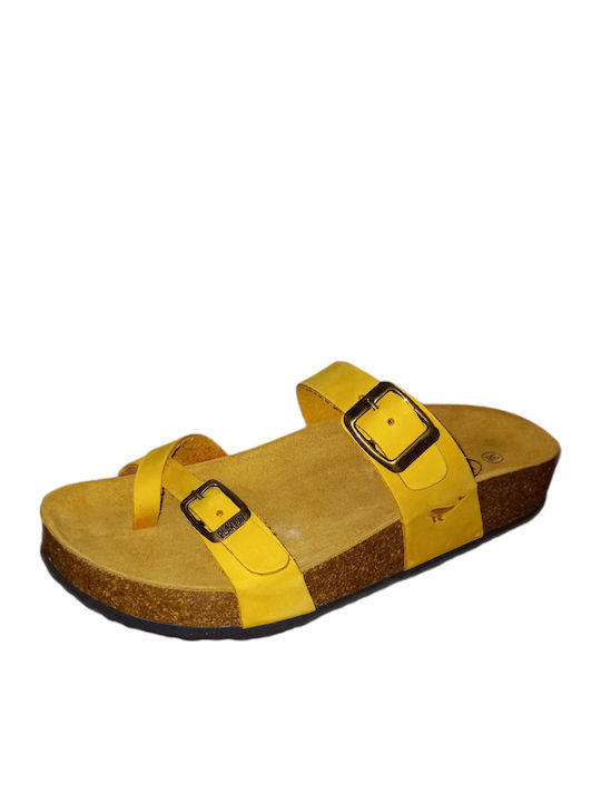 Plakton Leather Women's Flat Sandals Anatomic in Yellow Color