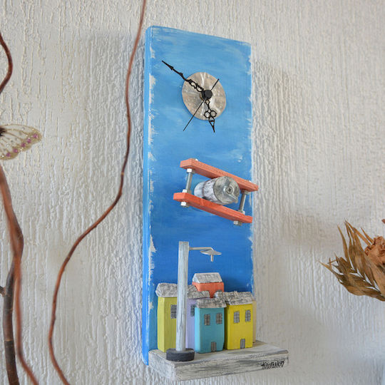 Kapadakis Wood Art Αεροπλάνο Πάνω Από Την Πόλη Ρολόι Τοίχου Ξύλινο Μπλε 15x40cm