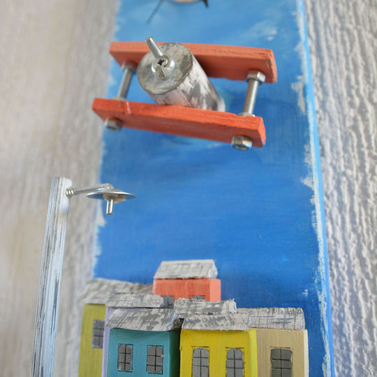 Kapadakis Wood Art Airplane Over The City Wall Clock Wooden Blue 15x40cm
