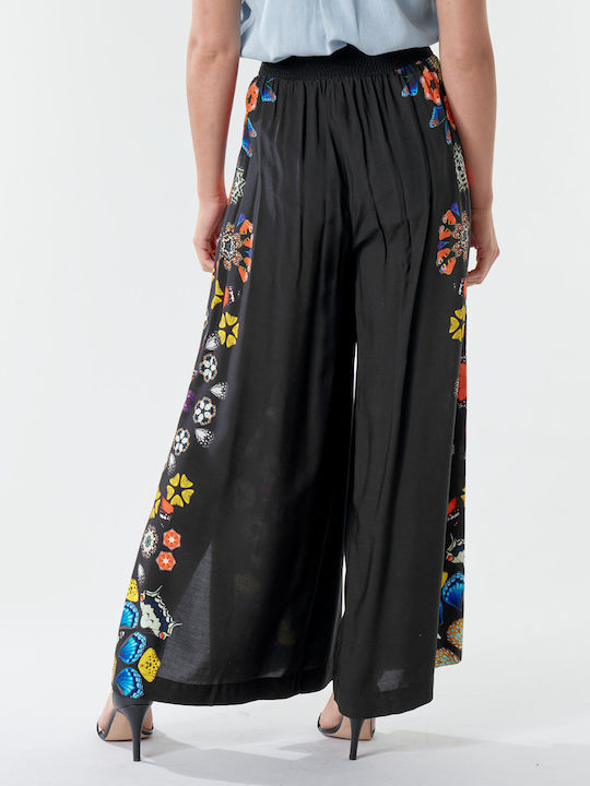 Desigual Chipre Women's High Waist Fabric Trousers with Elastic in Loose Fit Floral Black