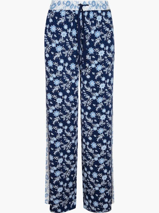 Lydia Women's High-waisted Fabric Trousers with Elastic in Regular Fit Floral Blue