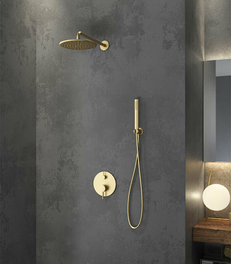 Karag Artemis Set Mischer, Handbrause & Duschkopf für Wandmontage für Dusche 2 Ausgänge Edelstahl Gold