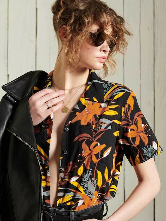 Resort Κοντομάνικο Γυναικείο Πουκάμισο Μαύρο Floral