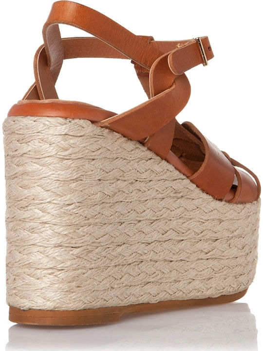 Women's Leather Ankle Strap Platforms Tabac Brown