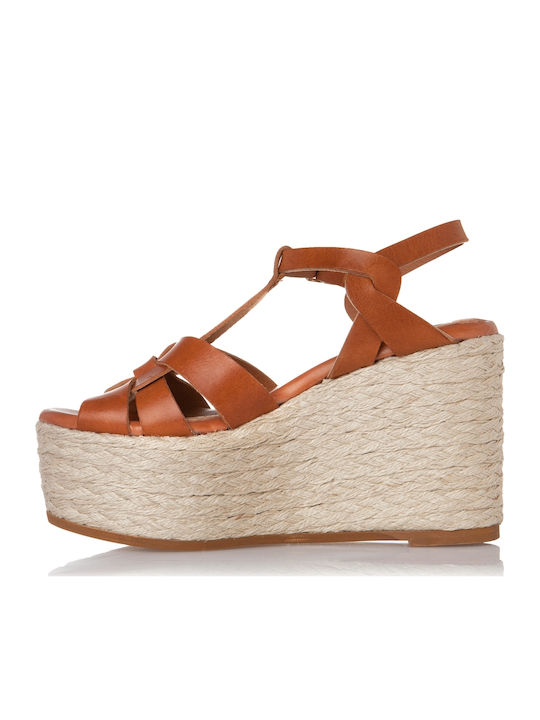 Women's Leather Ankle Strap Platforms Tabac Brown