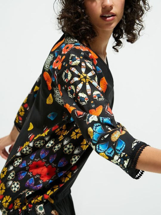 Desigual Maui Γυναικείο Κοντό Καφτάνι Παραλίας Μαύρο