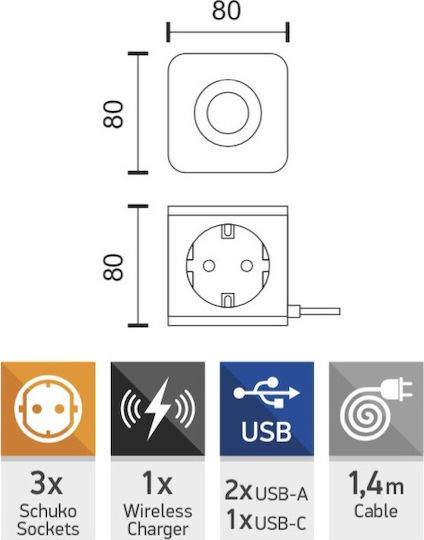 Spot Light Πολύπριζο 3 Θέσεων με 2 USB-A, USB-C και Καλώδιο 1.4m