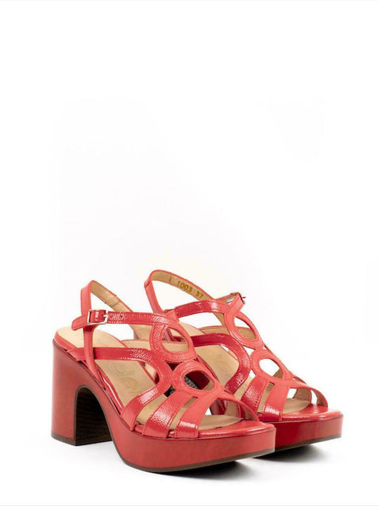 Wonders Platform Patent Leather Women's Sandals Red with Chunky High Heel