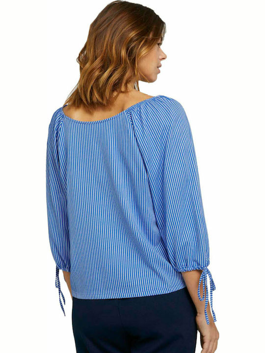 Tom Tailor Damen Sommer Bluse mit 3/4 Ärmel & V-Ausschnitt Gestreift Blau