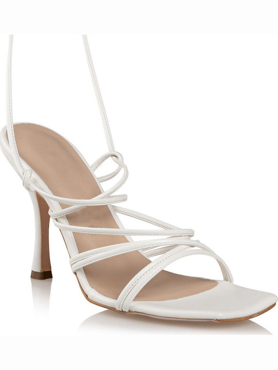 Envie Shoes Fabric Women's Sandals with Thin High Heel In White Colour