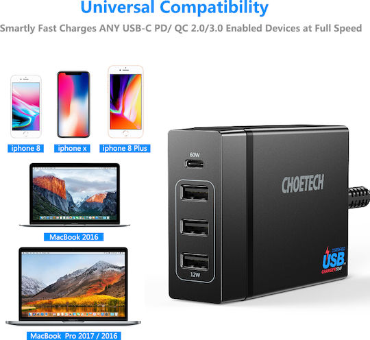 Choetech Βάση Φόρτισης με 3 Θύρες USB-A και Θύρα USB-C 72W Power Delivery σε Μαύρο χρώμα (PD72-1C3U)