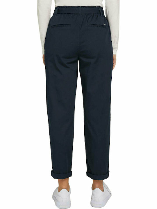 Tom Tailor Women's High-waisted Cotton Trousers in Paperbag Fit Navy Blue