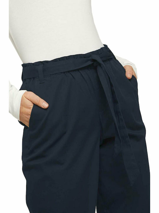 Women's High-waisted Fabric Trousers Paperbag Fit Navy Blue