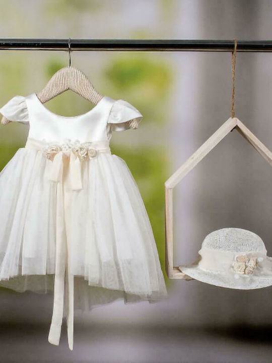 Bambolino Doukissa Ecru Baptism Clothes Set with Hair Accessories and Tulle Dress 2 Pieces