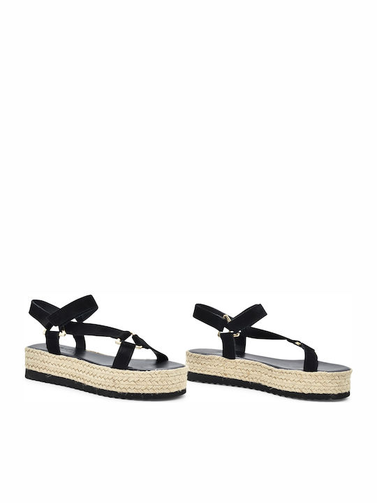 Leather Women's Flat Sandals with Strap Flatforms in Black Color