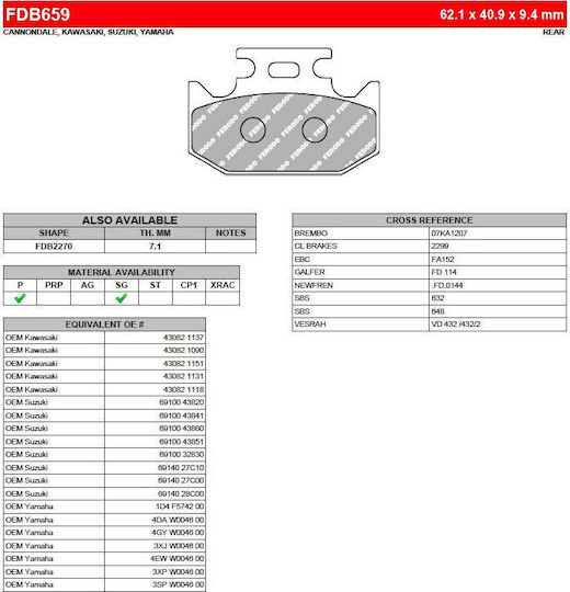 Ferodo Plăcuțe de frână pentru motociclete Partea din spate Eco Friction Yamaha TTR 250/Kawasaki Klx 600 R 1993 pentru Husqvarna Magazin online Kawasaki KLX 250 / Magazin online KDX / KX 250 Yamaha DT 125 - DT 125 / XT / TTR - Magazin online / DT / Magazin online / Magazin online / YZ 125