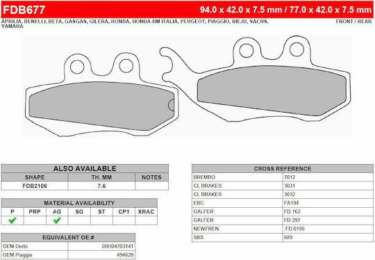 Ferodo Τακάκια Μοτοσυκλέτας Εμπρός Eco Friction Yamaha Xt 125 X 2008/ Gilera Runner FX VXR 125 (00-01) για Gilera Runner Piaggio Beverly 250 Yamaha XT 125 / XT