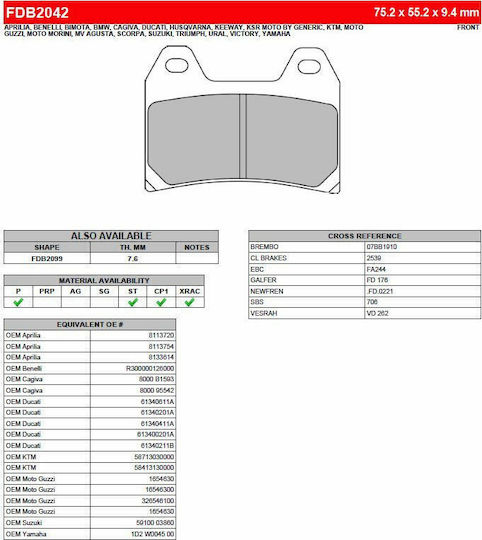 Ferodo Motorcycle Brake Pads Sintergrip Yamaha TDM 850 Metallic for Aprilia Dorsoduro / Pegaso 650 / Dorsoduro 750 / RST 1000 / RSV 1000 / Tuono / RSV4 Ducati Hypermotard / Monster / Multistrada Ktm 1290 Super Adventure Yamaha TDM 850 / XT 660X / XJR