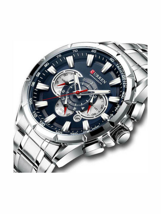 Curren Men's Watch 45mm Chronograph Battery with Silver Metal Bracelet