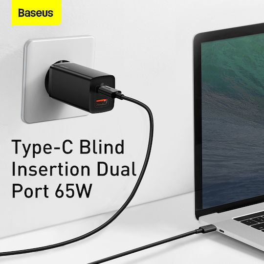 Baseus Ladegerät ohne Kabel GaN mit USB-A Anschluss und USB-C Anschluss 65W Schnellaufladung 3.0 Schwarzs (CCGAN2L-B01)