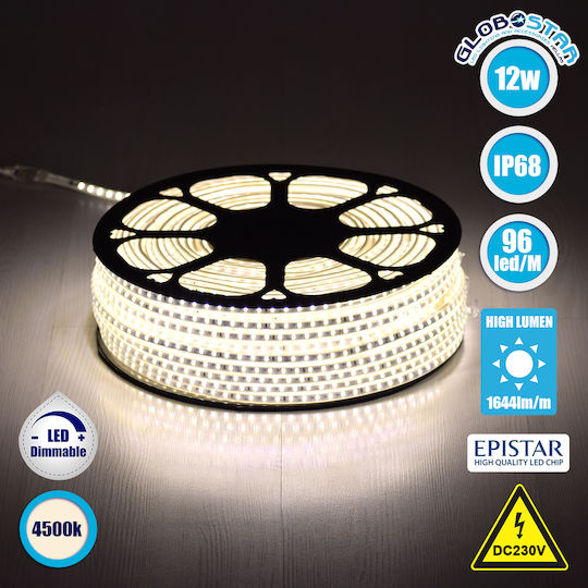 GloboStar Αδιάβροχη Ταινία LED 220V Φυσικό Λευκό Φως 1m Τύπου SMD2835