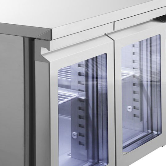 Inomak Английски превод: Stainless Steel Refrigerator Counter 475лт with 4 Glass Doors and Cooling Machine +3/+10°C L224xW60xH87.5см Prunus