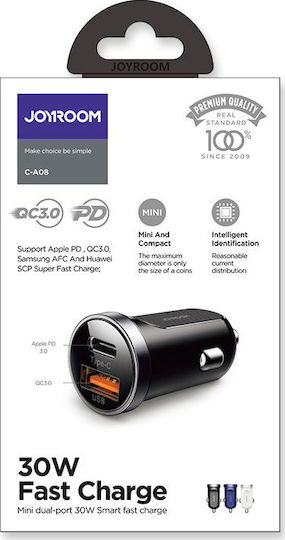 Joyroom Φορτιστής Αυτοκινήτου C-A08 30W 1.5A με Θύρες: 1xUSB 1xType-C Μαύρος