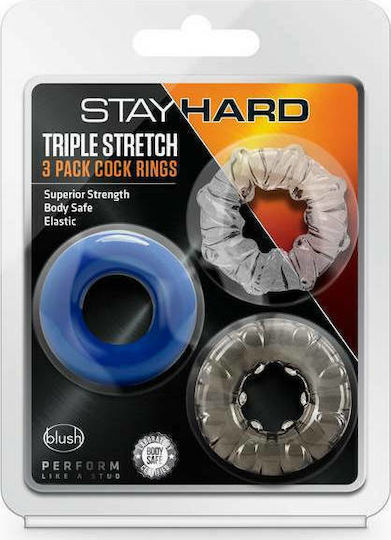 Blush Stay Hard Triple Stretch 3 Pack Cock Rings Blue / Smoke / Clear