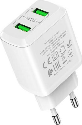 Hoco Charger Without Cable with 2 USB-A Ports 18W Quick Charge 3.0 White (N6 Charmer)