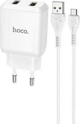 Hoco Φορτιστής με 2 Θύρες USB-A και Καλώδιο micro USB Λευκός (N7 Speedy)