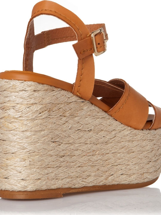 Women's Leather Ankle Strap Platforms Tabac Brown