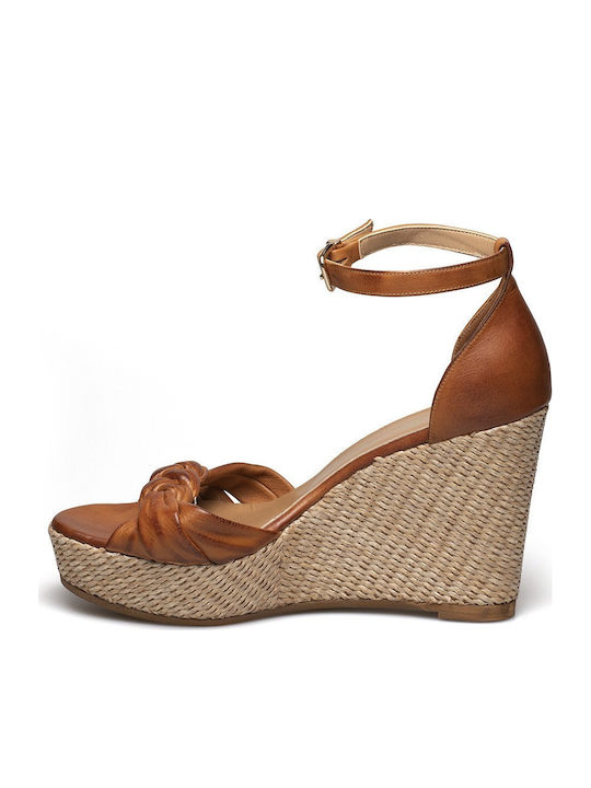 Women's Leather Ankle Strap Platforms Tabac Brown