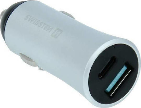 Swissten Зарядно за кола Бързо Зареждане с Портове: 1xUSB 1xType-C Сребрист Цвят