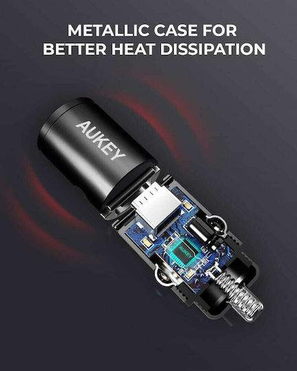 Aukey CC-A3 Încărcător Auto Cu Mufă De Brichetă 30W Cu Porturi 1xUSB-A 1xType-C Culoare Neagră