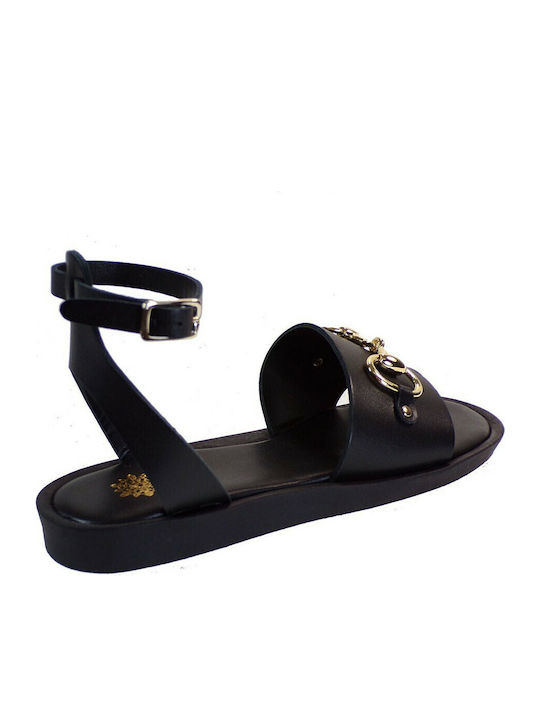 Leather Women's Flat Sandals with Strap in Black Color