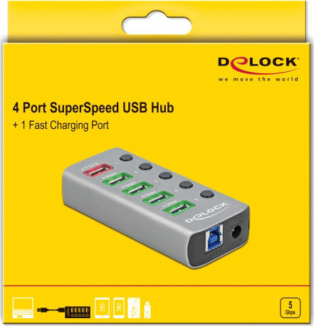 DeLock USB-Hub 5 Anschlüsse USB 3.2 mit Anschluss an einen Computer USB-A Grau