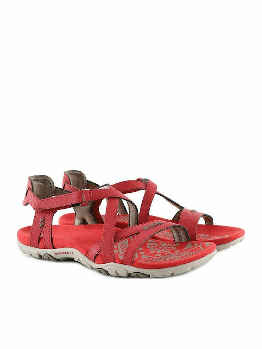 Merrell Sandspur Leder Damen Flache Sandalen in Rot Farbe