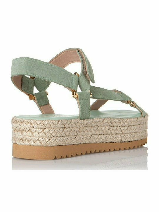 Leather Women's Flat Sandals with Strap Flatforms in Green Color