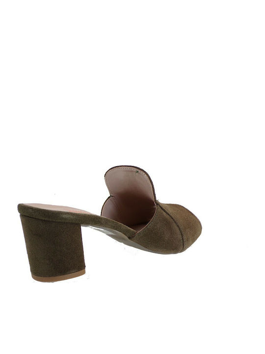 Suede Mules με Χοντρό Ψηλό Τακούνι σε Χακί Χρώμα